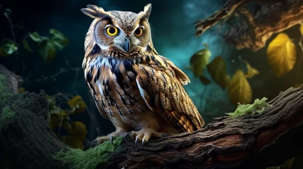 Gordijnen Old, wise-looking owl perched on a gnarled branch, surveying the nocturnal jungle landscape © MagicS