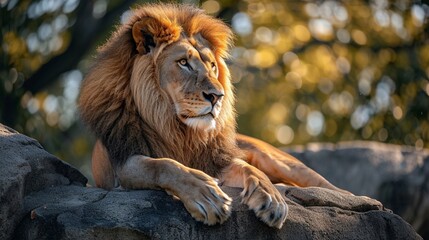 Obraz premium Majestic lion, the undisputed king of the jungle, resting regally on a sunlit rock 
