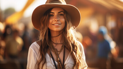 Woman in country clothes. Blurred background with music festival