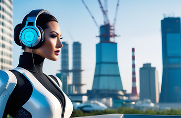 A young woman in a platinum-chrome suit and ultra-modern headphones on the background of an industrial metropolis, looking into the distance
