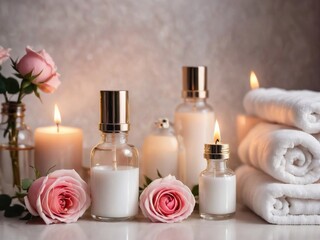 Obraz na płótnie Canvas white glass Bottles on the background of the spa room. Skin care serum or natural cosmetics with essential oil, roses on the table and candles 