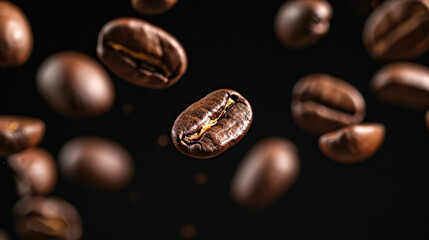 a roasted coffee bean on the air isolated on a black background, a falling coffee bean, International Coffee Day concept