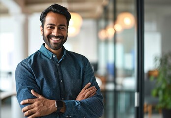 Fototapeta premium Smiling Indian businessman using mobile cell phone working standing in office. Happy professional business man making banking transaction payment on smartphone at work, Generative AI