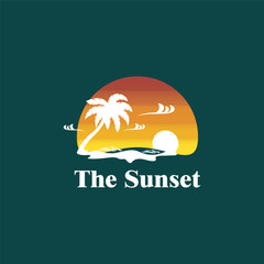 Sunset beach logo with dark green background