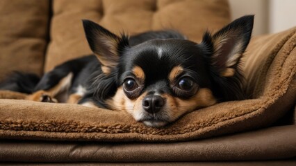 Black and tan long coat chihuahua dog lying on sofa in living room