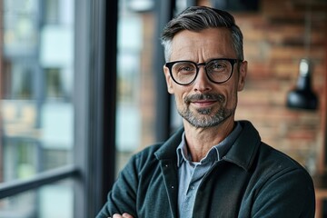 Obraz premium Smiling confident mature businessman looking at camera standing in office. Elegant stylish corporate leader successful ceo executive manager wearing glasses posing for headshot business, Generative AI