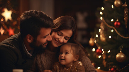 Family is ready to welcome Christmas and New Year near Christmas tree