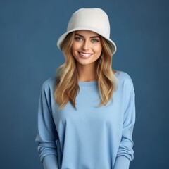 Fototapeta premium Happy girl in a beige winter hat and a blue sweater. Portrait of an adult girl in a winter cap smiling on a blue background looking at the camera. Cheerful caucasian girl in a pom pom hat.