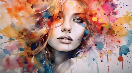 Beautiful girl watercolor illustration. Watercolor splashes art of an attractive young girl's face. Bright painting of a beautiful female face close up. Creative painting, decoration.