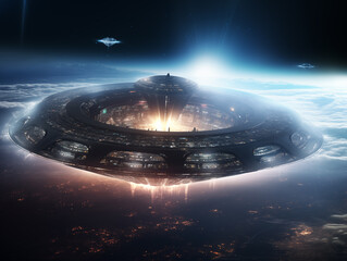 alien spaceship shooting light Huge space station to store big data