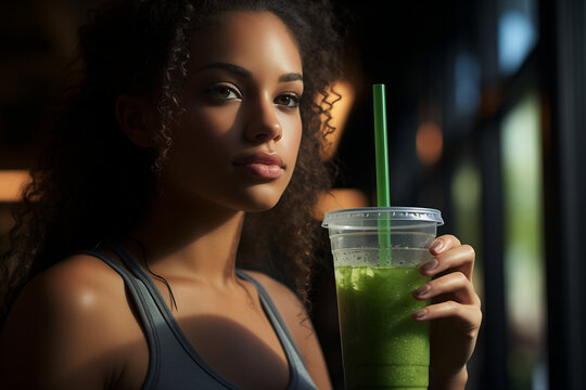 Break time. Beautiful girl with towel and glass of detox cocktail. Photo of african fitness girl . Health concept. Health, drink and detox with black woman and smoothie for diet, breakfast and protein
