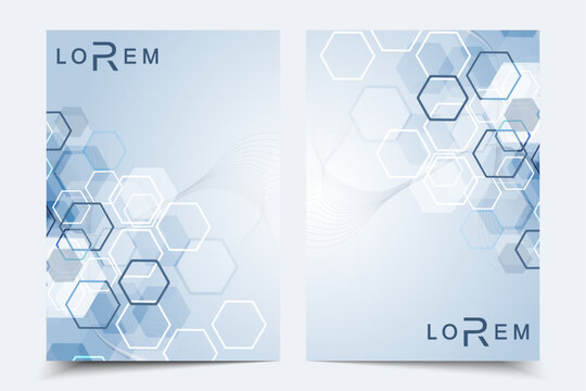 Vector templates for brochure magazine leaflet flyer cover booklet annual report. Modern futuristic hexagonal pattern with particle, molecule structure for medical, technology, chemistry, science.