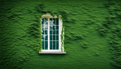 Window in wall full of moss. Moss wall background. Old wall background. Generative AI