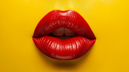 Red lips on a yellow background. Beauty industry style illustration. Red lipstick