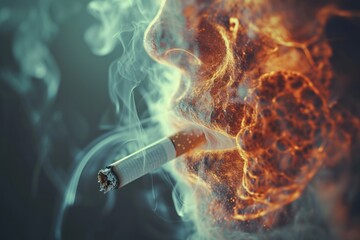 Obraz premium A transparent human figure with visible brain and internal structures holding a lit cigarette, with smoke and embers rising around it.