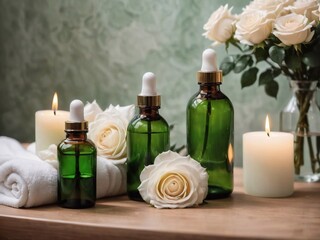 Obraz na płótnie Canvas Bottles on the background of the spa room. Skin care serum or natural cosmetics with essential oil, white roses on the table and candles