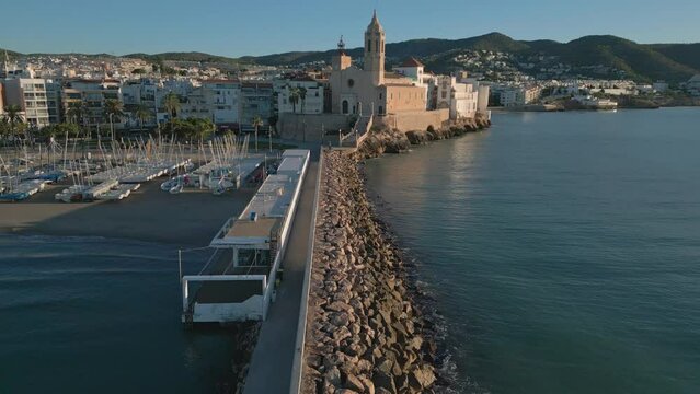 Yacht club, San Bartolome and Santa Tecla Church. Sitges Coast Sunrise