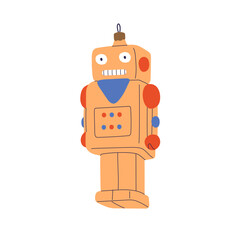 Vintage robot, Christmas bauble. Funny android, tree ornament in retro futuristic style. Xmas bot figurine, holiday decoration, 50s toy. Flat vector illustration isolated on white background