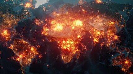 World map with explosions in places of armed conflicts