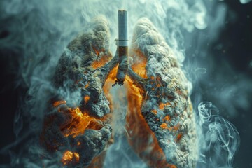 A conceptual image of damaged human lungs with a cigarette wedged between them, surrounded by smoke and embers. - obrazy, fototapety, plakaty