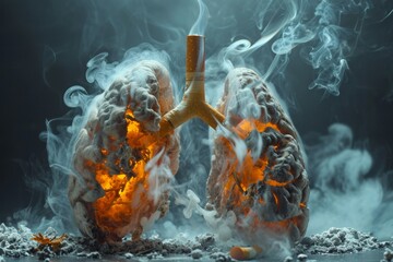 A conceptual image of damaged human lungs with a cigarette wedged between them, surrounded by smoke and embers. - obrazy, fototapety, plakaty