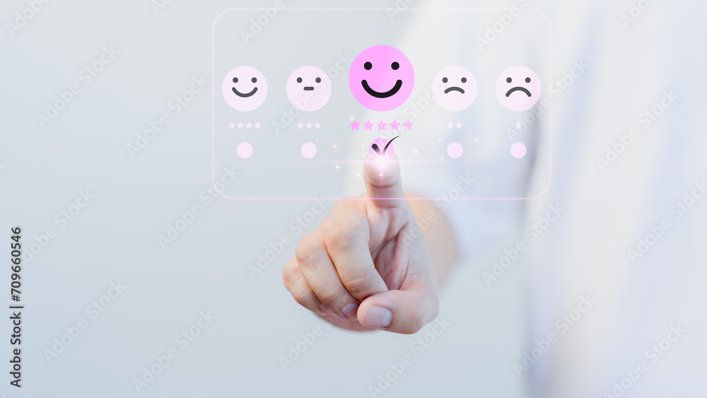 Poster customer satisfaction survey online concept, male hand touching virtual screen on happy smile face i