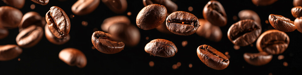 a falling coffee bean banner, roasted coffee bean on the air isolated on a black background,...