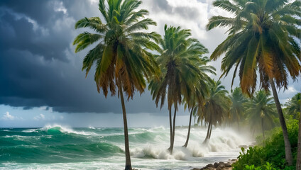 Strong wind tropical storm palm trees, ocean shore cyclone