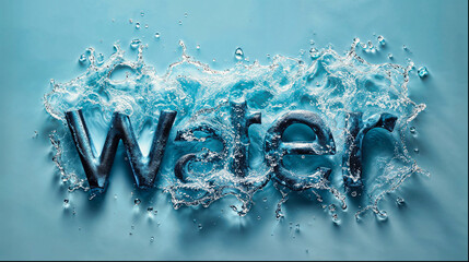 Dynamic Water Splash Forming Word on Blue Background