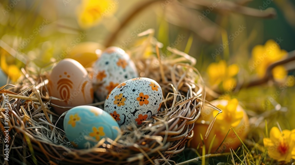 Poster nest with eggs on grass field