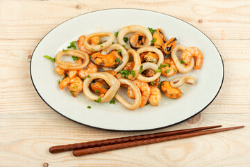 Seafood grilled on plate