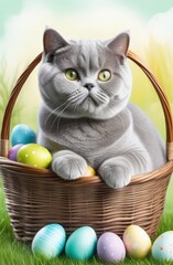 Fototapeta na wymiar Portrait of British cat sitting in basket with Easter eggs light green grass blurred background. Eggs hunt. Easter greeting card concept. Holiday illustration of cute fluffy gray kitty.