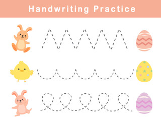 Handwriting practice sheet with cute easter illustration . Basic writing. Educational game for children. Handwriting practice worksheets for kids. - obrazy, fototapety, plakaty