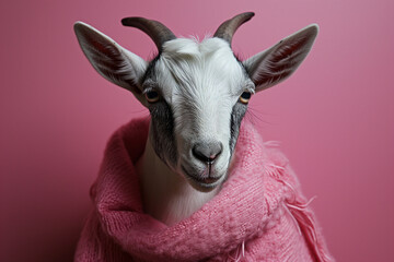Fototapeta premium Animals in clothes. Concept graphic, photo manipulation for cover, advertising, prints on clothing and other. Funny goat in the winter clothes in clothes with shiny horns. Graphic concept in vintage s