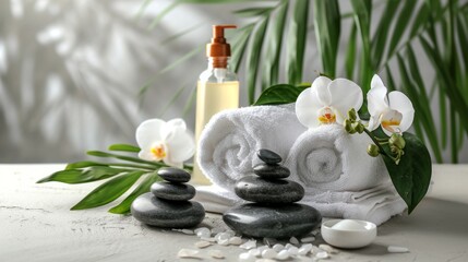 Harmonious SPA composition of balanced stones, towels, green leaves, and accessories for body treatments. Wellness and relaxation