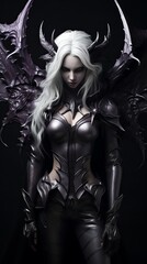 full body of female devil in hood with horns, long white hair and large black wings, with blleding purple eyes, and armor dressed, and angry expressions on her face, character, fantasy, horror,