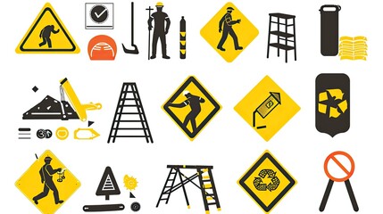 Set of safety caution signs and symbols of working at heights