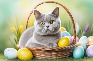 Fototapeta na wymiar Portrait of British cat sitting in basket with Easter eggs light green grass blurred background. Eggs hunt. Easter greeting card concept. Holiday illustration of cute fluffy gray kitty.