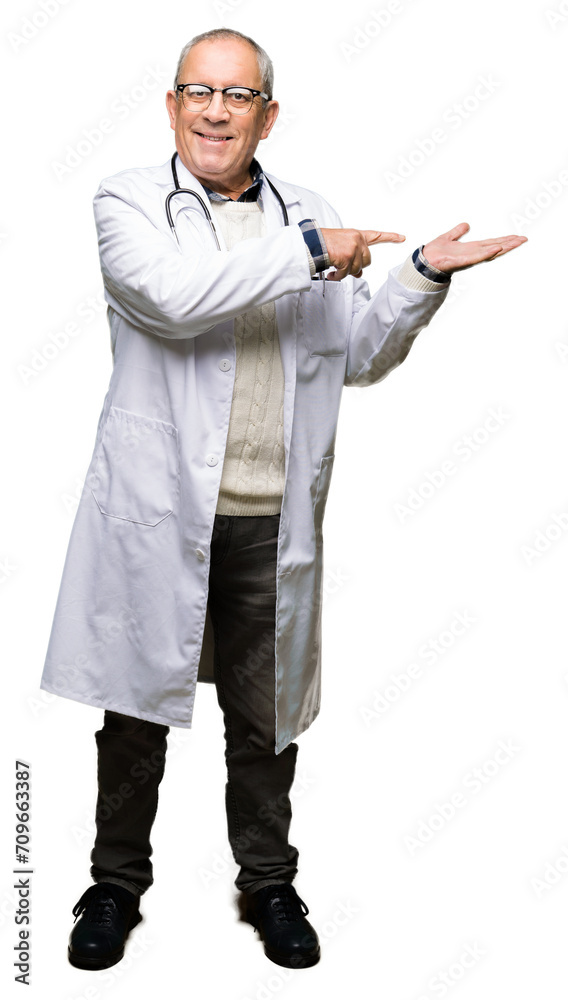 Sticker handsome senior doctor man wearing medical coat amazed and smiling to the camera while presenting wi