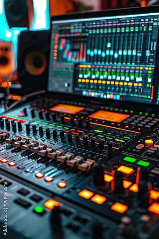 Poster close-up mixing desk with monitor