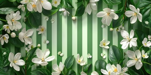 Green and White Striped Background with White Flowers