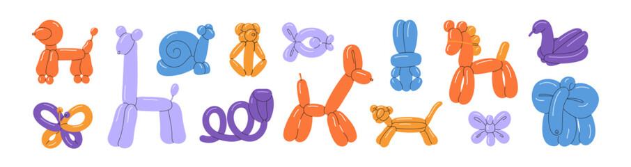 Different animals balloons set. Inflatable toys with shape of funny pets. Rubber figures of dog, giraffe, horse, snake for kids. Birthday party decor. Flat isolated vector illustration on white