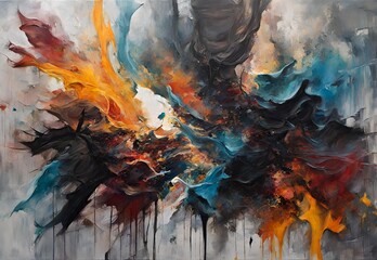 Discover the world of artistic brilliance as our talented female artist passionately crafts abstract oil paintings. Explore her modern masterpieces on large canvases, illuminated in a dark and messy y - obrazy, fototapety, plakaty
