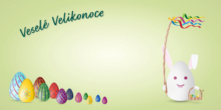 Happy Easter postcard or greeting card in Czech language, with traditional Easter symbols, painted eggs, rabbit with pomlazka and text Vesele Velikonoce, vector image, illustration.