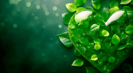 Green heart with leaves. Copy space. Valentine's day concept. Concept of love for nature, respect for the environment. recycle, reuse, sustainability