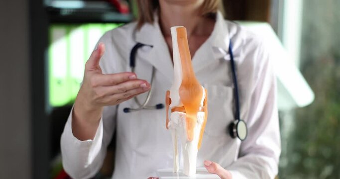 Traumatologist shows anatomy of ligament and muscle on artificial model of knee joint. Traumatic joint injury