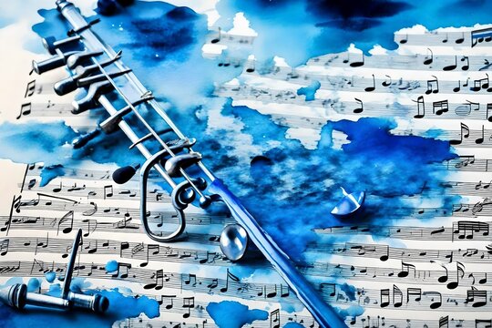 Butterfly, violin and notes. Blue morpho butterfly and violin. Melody concept. Photo of old music sheet in blue watercolor paint. Classical music concept. Violin close up