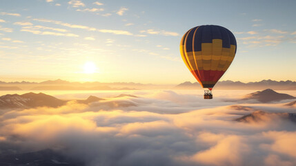 A colorful hot air balloon floats over misty mountains during a breathtaking sunrise.