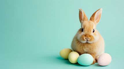 Easter Bunny with Pastel Eggs on Mint Background Spring Holiday Concept