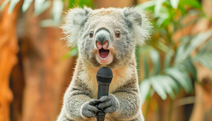 Naklejka premium koala (Phascolarctos cinereus), singing on stage, World Wildlife Day celebration, March, concept Animals, generative ai